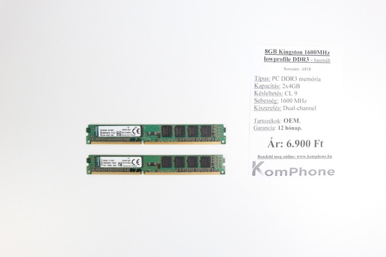 8GB Kingston 1600MHz lowprofile DDR3 memória garanciával hibátlan működéssel - használt