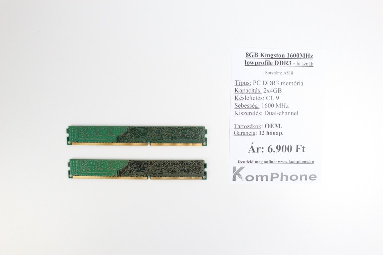 8GB Kingston 1600MHz lowprofile DDR3 memória garanciával hibátlan működéssel - használt