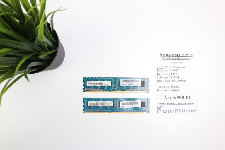 8GB RAMAXEL 1333MHz DDR3 memória garanciával hibátlan működéssel - használt