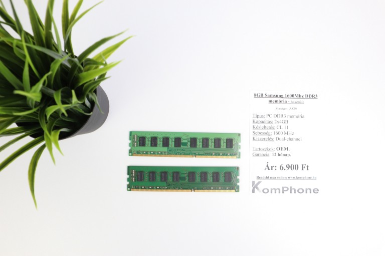 8GB Samsung 1600Mhz DDR3 memória garanciával hibátlan működéssel - használt