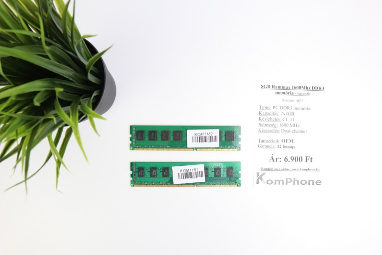 8GB Rammax 1600Mhz DDR3 memória garanciával hibátlan működéssel - használt