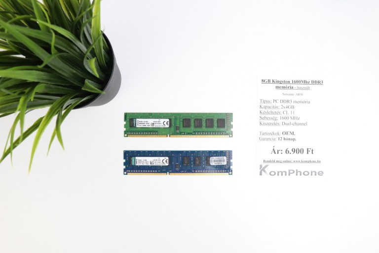 8GB Kingston 1600Mhz DDR3 memória garanciával hibátlan működéssel - használt