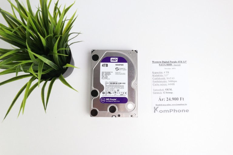 Western Digital Purple 4TB 3,5” SATA HDD meghajtó garanciával hibátlan működéssel - használt