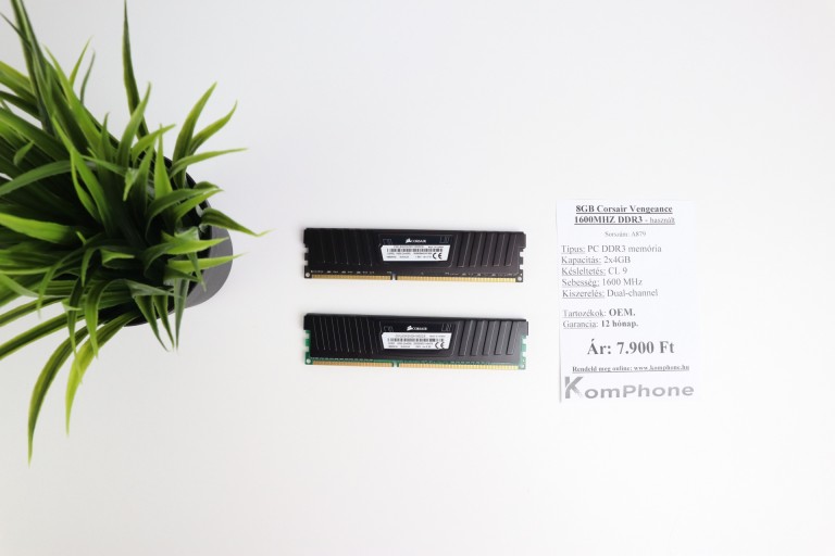 8GB Corsair Vengeance 1600MHZ DDR3 memória garanciával hibátlan működéssel - használt