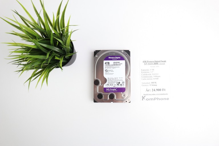 Western Digital WD Purple 4TB 3.5” SATA HDD meghajtó garanciával hibátlan működéssel - használt