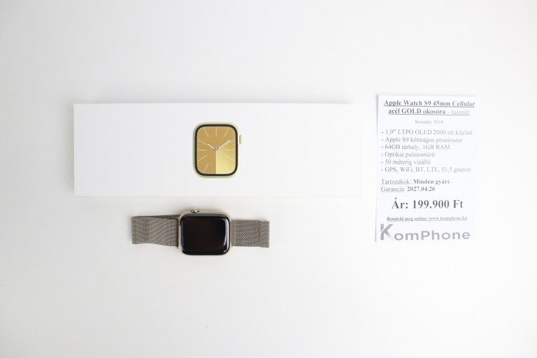 Apple Watch S9 45mm Cellular acél GOLD okosóra garanciával hibátlan működéssel - használt