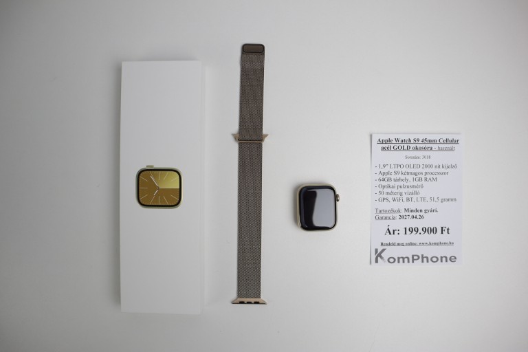 Apple Watch S9 45mm Cellular acél GOLD okosóra garanciával hibátlan működéssel - használt