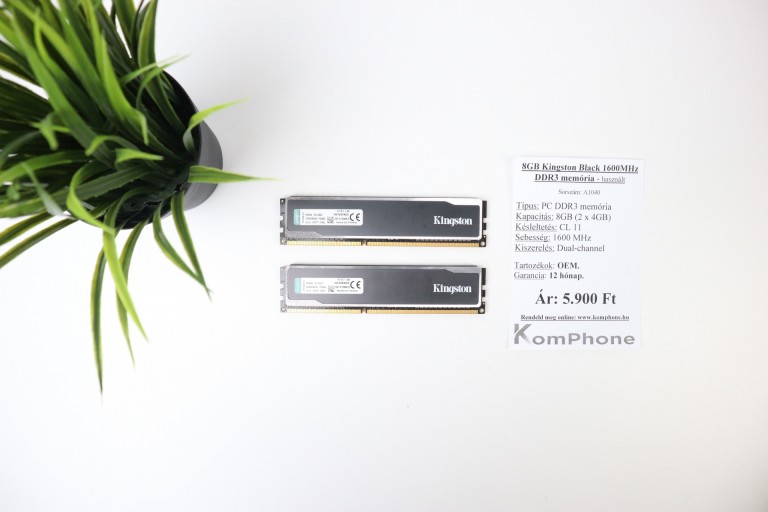 8GB Kingston Black 1600MHz DDR3 memória garanciával hibátlan működéssel - használt