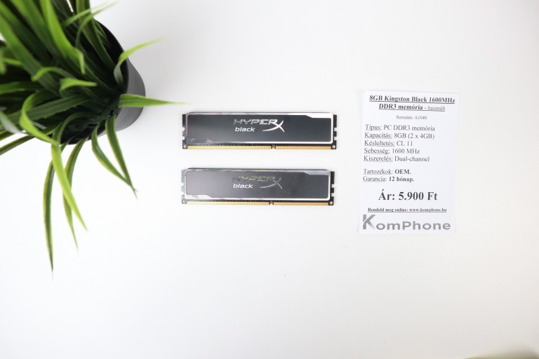 8GB Kingston Black 1600MHz DDR3 memória garanciával hibátlan működéssel - használt