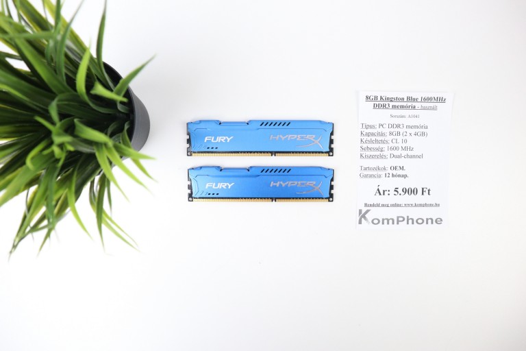 8GB Kingston Blue 1600MHz DDR3 memória garanciával hibátlan működéssel - használt