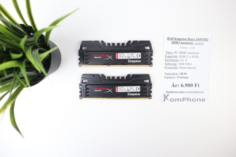 8GB Kingston Beast 1600MHz DDR3 memória garanciával hibátlan működéssel - használt