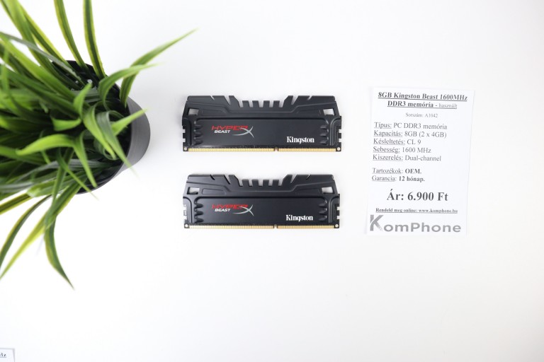 8GB Kingston Beast 1600MHz DDR3 memória garanciával hibátlan működéssel - használt