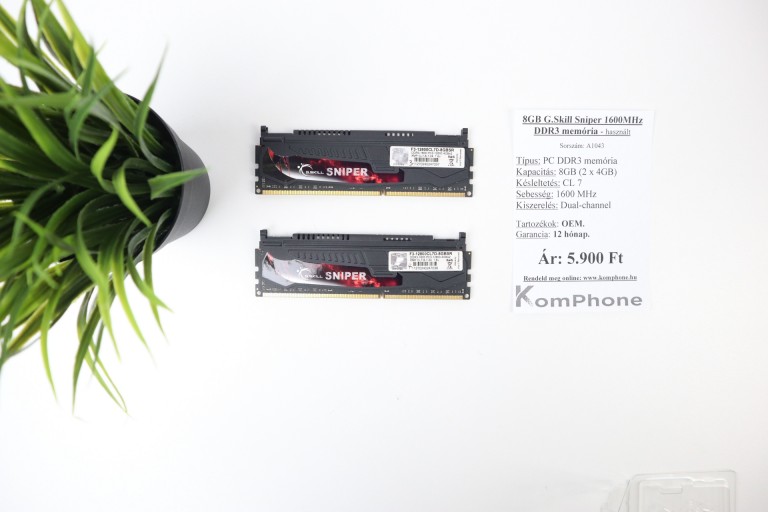 8GB G.Skill Sniper 1600MHz DDR3 memória garanciával hibátlan működéssel - használt