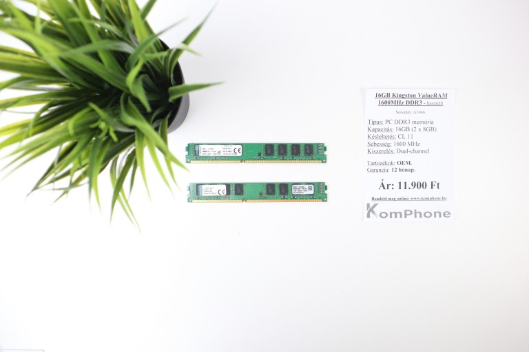 16GB Kingston ValueRAM 1600MHz DDR3 memória garanciával hibátlan működéssel - használt