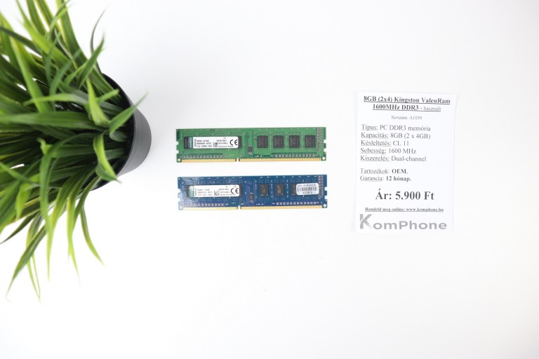 8GB (2x4) Kingston ValeuRam 1600MHz DDR3 memória garanciával hibátlan működéssel - használt