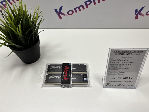 32GB (2x16) Kingston FURY Beast 5200MHz DDR5 memória hibátlan, megkímélt állapotban - használt