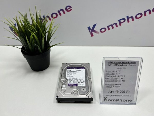 8TB Western Digital Purple 3,5 HDD meghajtó garanciával hibátlan működéssel - használt