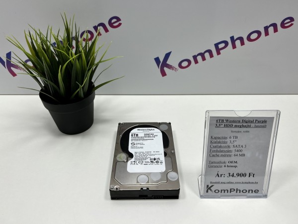 Akár az ÚJ 6TB Western Digital Purple 3,5 HDD meghajtó garanciával hibátlan működéssel - használt