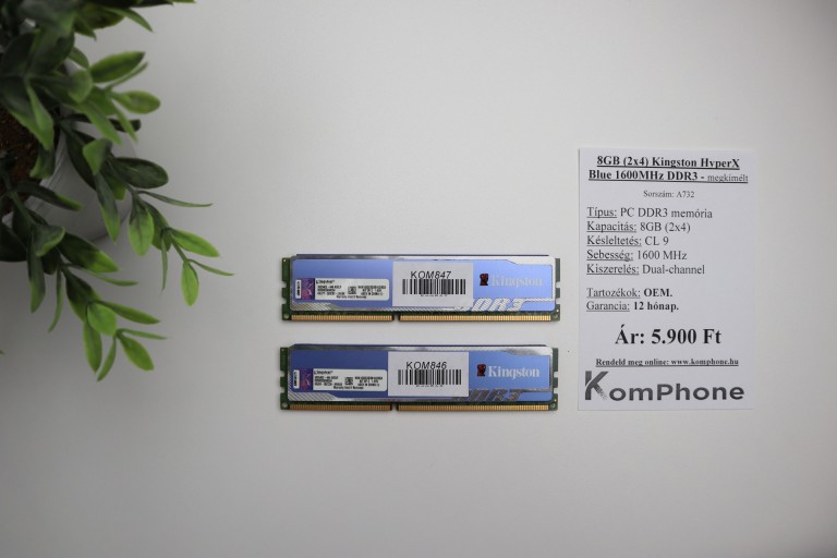 8GB (2x4) Kingston HyperX Blue 1600MHz DDR3 memória garanciával hibátlan működéssel - megkímélt