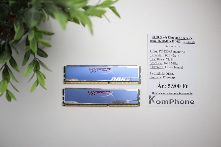 8GB (2x4) Kingston HyperX Blue 1600MHz DDR3 memória garanciával hibátlan működéssel - megkímélt