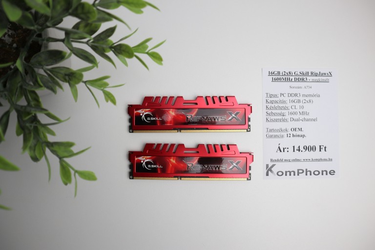 16GB (2x8) G.Skill RipJawsX 1600MHz DDR3 memória garanciával hibátlan működéssel - megkímélt